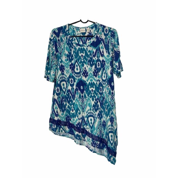 Chico's Pullover Top Blouse Blue Short Sleeves Asymmetric Embroidered hem Size 1 - Picture 1 of 12
